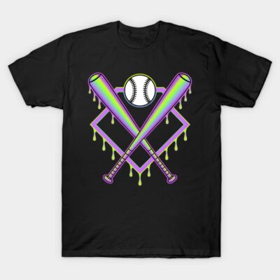 Black T-shirt with neon baseball design, featuring crossed bats and ball. Casual style, 100% cotton, unisex.