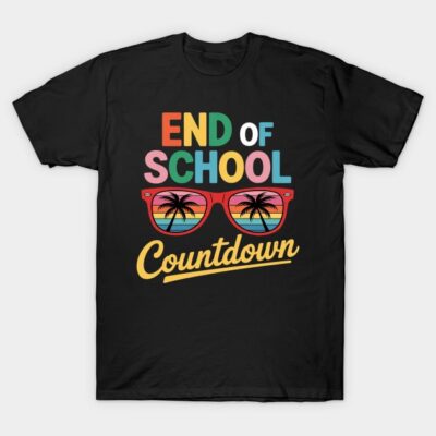 "Black t-shirt with colorful 'End of School Countdown' text and palm tree sunglasses graphic, casual summer style."