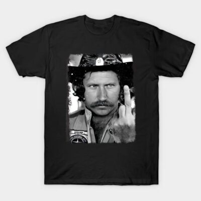 Black graphic t-shirt featuring a vintage-style monochrome image, casual wear, cotton material.