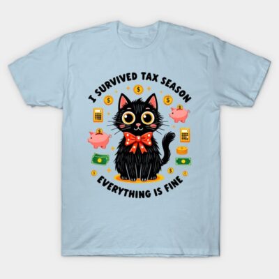 Light blue T-shirt with "I Survived Tax Season" black cat design, red bow tie, cartoon style, humorous gift idea.