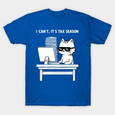 Blue graphic t-shirt with cat cartoon and "I Can't, It's Tax Season" text, casual wear, cotton material.