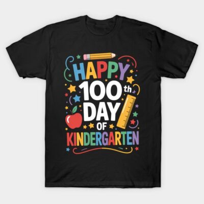 "Black t-shirt with colorful 'Happy 100th Day of Kindergarten' design featuring stars, apple, pencil, and ruler graphics."