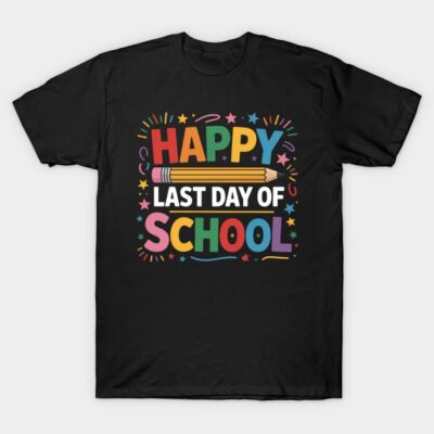 Black "Happy Last Day of School" t-shirt with colorful text and playful design, perfect for end-of-year celebrations.