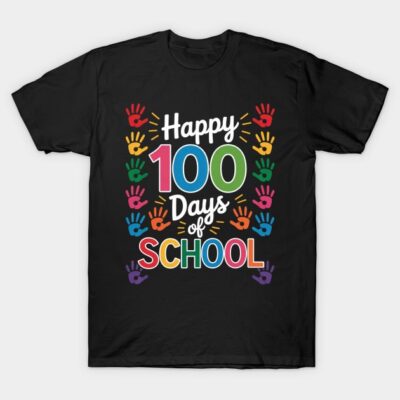 Black "Happy 100 Days of School" t-shirt with colorful text and handprints, perfect for school celebrations and events.