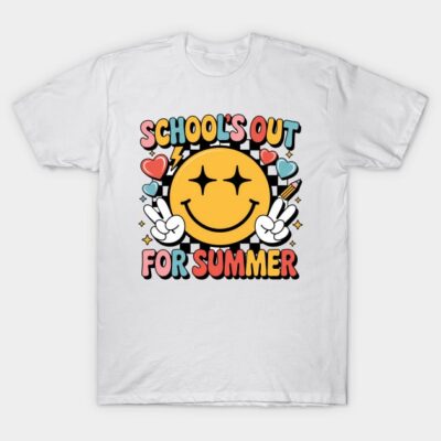 White t-shirt with colorful "School's Out For Summer" design featuring a smiling sun and peace signs. Fun summer apparel.