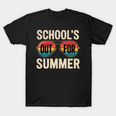 Black t-shirt with "School's Out for Summer" text and colorful sunglasses graphic. Casual summer style. Cotton material.