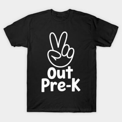 Black "Out Pre-K" T-shirt with peace sign graphic, casual style, perfect for school milestones, cotton material.