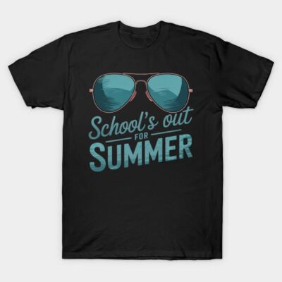 Black t-shirt with "School's Out for Summer" text and sunglasses graphic, casual wear, cotton material.