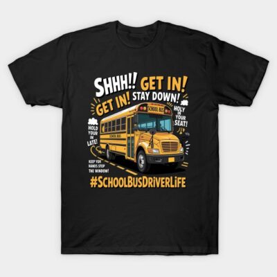 "Black T-shirt featuring yellow school bus graphic with #SchoolBusDriverLife text, casual wear, cotton material."