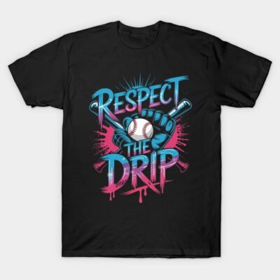 Black "Respect the Drip" baseball-themed graphic tee, vibrant pink and blue design, casual sportswear.