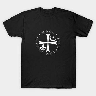 Black t-shirt with white medieval emblem design, short-sleeve, casual wear, cotton material.