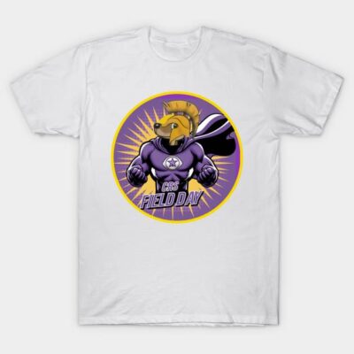 White t-shirt with colorful superhero dog graphic, featuring purple and yellow design, ideal for casual wear.