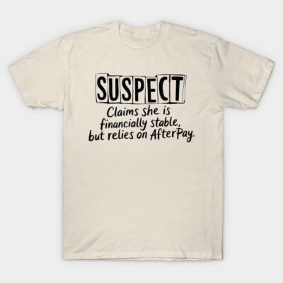 Beige unisex cotton t-shirt with humorous "Suspect" text design, casual wear, comfortable fit.