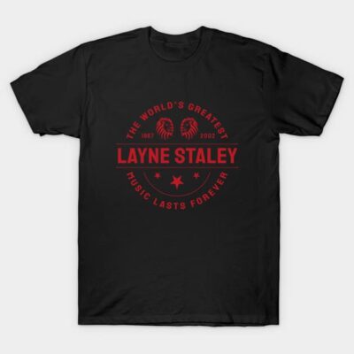 Black cotton t-shirt with red graphic design, featuring stylish text and star motif, casual wear for music fans.