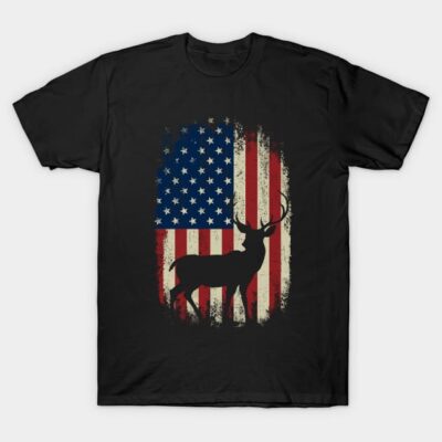Black t-shirt with American flag and deer silhouette design, perfect for casual wear. High-quality cotton material.