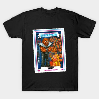 Black T-shirt featuring colorful cartoon wrestling illustration with crowd, ideal for casual wear, made of cotton.