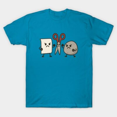 Blue cotton t-shirt with cartoon rock, paper, scissors design, casual wear, unisex style.