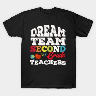 Black "Dream Team Second Grade Teachers" t-shirt with colorful text, ideal for educators, cotton material.