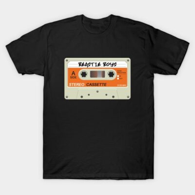 Black t-shirt with retro cassette tape graphic design, unisex style, casual wear, cotton material.