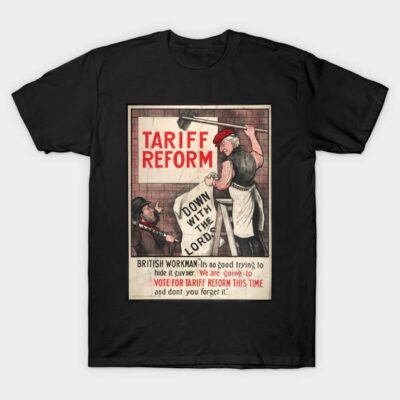 Black graphic T-shirt featuring vintage "Tariff Reform" poster print, casual wear, cotton material, unisex style.