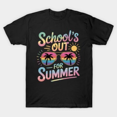 Black "School's Out for Summer" graphic t-shirt with colorful sunglasses and palm tree design, casual summer wear.