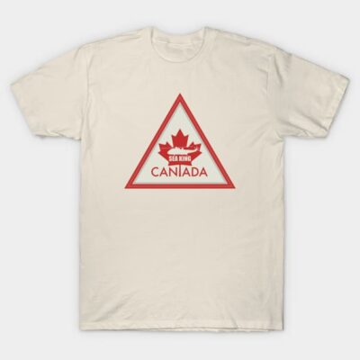 Cream T-shirt with red triangle and maple leaf design, featuring "Caniada" text, casual wear, soft cotton material.
