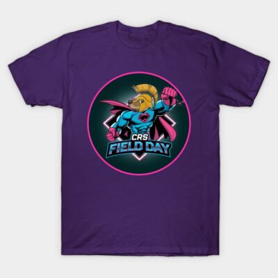Purple superhero-themed t-shirt with vibrant cartoon design, perfect for field day events and casual wear.