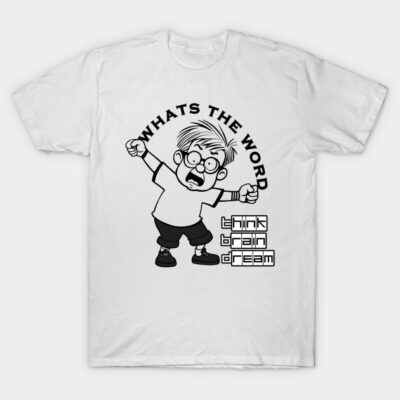 White cotton T-shirt with cartoon graphic and "What's the Word" text, casual style, suitable for everyday wear.