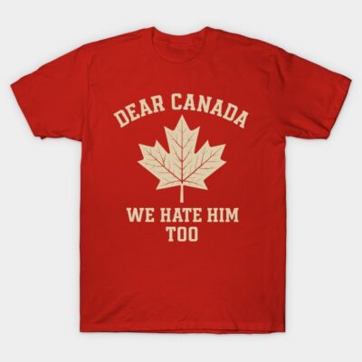 Red t-shirt with maple leaf graphic and humorous text, casual style, cotton material, perfect for everyday wear.