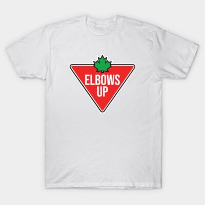 White cotton T-shirt with red triangle graphic and "Elbows Up" text, casual style, unisex design.