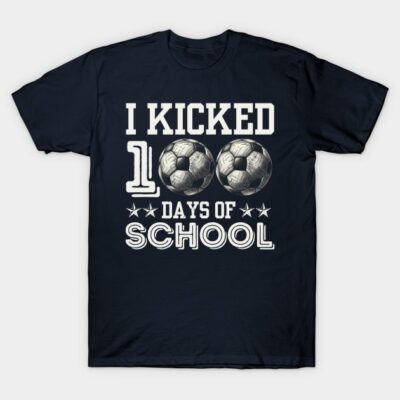 Navy blue t-shirt with "I Kicked 100 Days of School" soccer design, casual cotton wear for school celebrations.