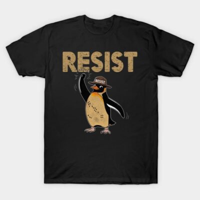 Black t-shirt with "Resist" slogan and illustrated penguin design, casual style, cotton fabric, unisex.