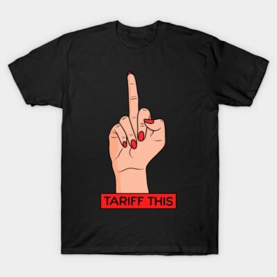 Black T-shirt with bold graphic design, featuring a hand gesture and red text, casual wear, cotton fabric.