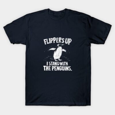 Navy blue T-shirt with "Flippers Up, I Stand with the Penguins" graphic, casual style, cotton material.