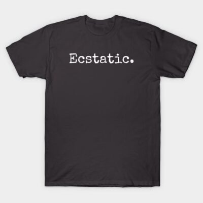 Black t-shirt with "Ecstatic" text, casual style, cotton material, perfect for everyday wear.