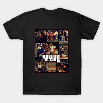 Black graphic T-shirt featuring a collage design with "Hell in a Cell" text, ideal for casual wear.