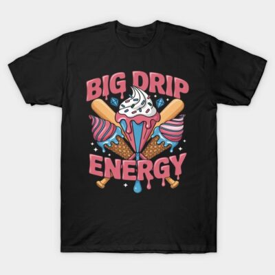 Black t-shirt with colorful ice cream design and "Big Drip Energy" text, casual wear, cotton material.