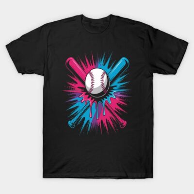 Black t-shirt featuring colorful baseball and bats graphic in pink and blue splash design, casual style.