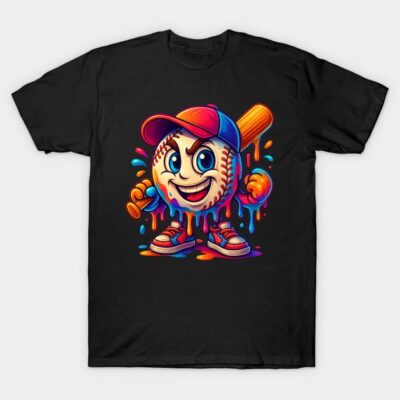Black t-shirt with vibrant cartoon baseball design, featuring a colorful character holding a bat and wearing a cap.