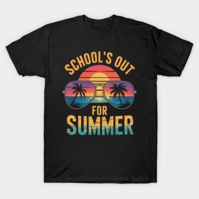 Black "School's Out for Summer" T-shirt with colorful sunset and palm tree design, casual summer wear.