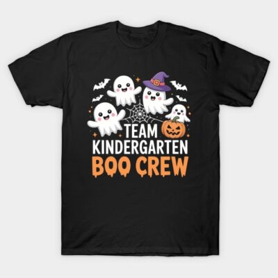 Black Halloween T-shirt with cute ghost print, "Team Kindergarten Boo Crew" text, perfect for festive occasions.