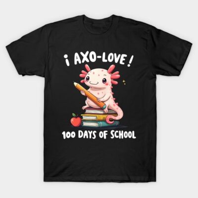 Black t-shirt with cute axolotl design, "100 Days of School" theme, perfect for school celebrations or gifts.