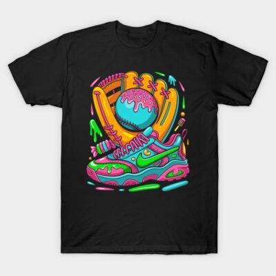 Black t-shirt with colorful baseball glove and sneaker graphic, perfect for casual wear, 100% cotton.