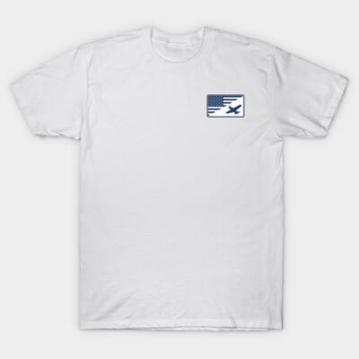 White cotton t-shirt with blue USA flag and airplane graphic, casual wear, unisex design, short sleeves.