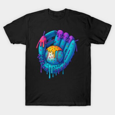 Black T-shirt with colorful, artistic baseball glove and ball graphic, perfect for sports enthusiasts and casual wear.