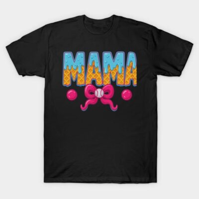 Black t-shirt with colorful "MAMA" design and pink bow, perfect for casual wear or Mother's Day gift.