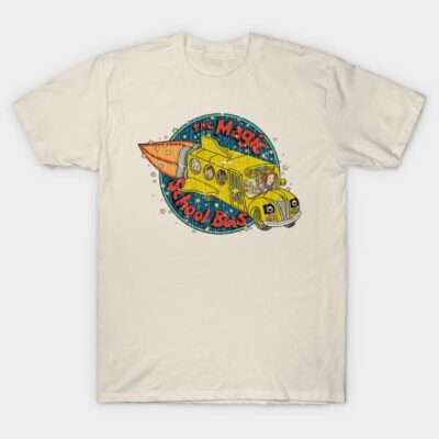 Beige t-shirt with colorful vintage school bus graphic, casual style, perfect for everyday wear.