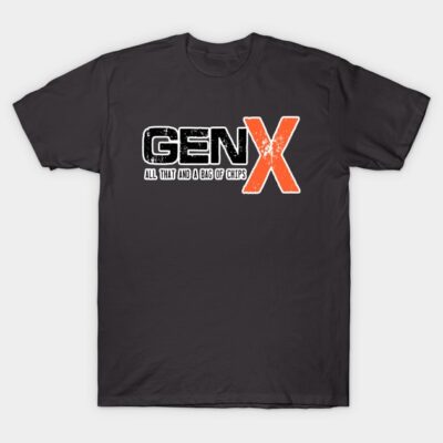 "Black Gen X graphic t-shirt with bold orange and white text, casual style, 100% cotton, perfect for everyday wear."