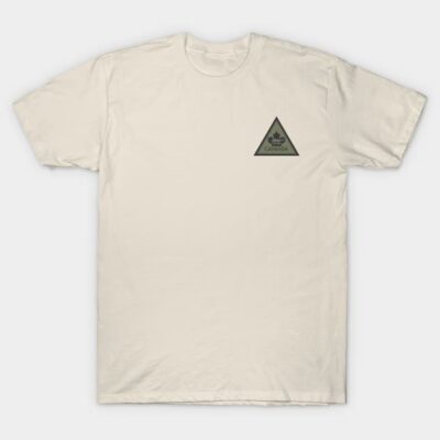 Cream cotton T-shirt with black triangle logo, casual wear, unisex design, ideal for everyday comfort.