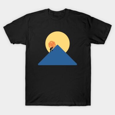 Black t-shirt with climbing graphic, featuring blue mountain and yellow sun design, ideal for casual wear.